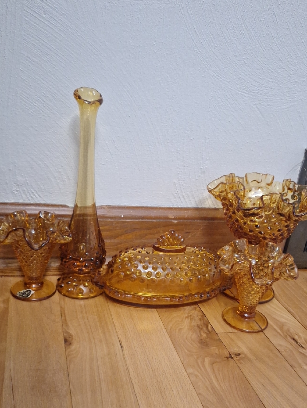 Amber Hobnail Glass Decorative Bowl and Vases Set